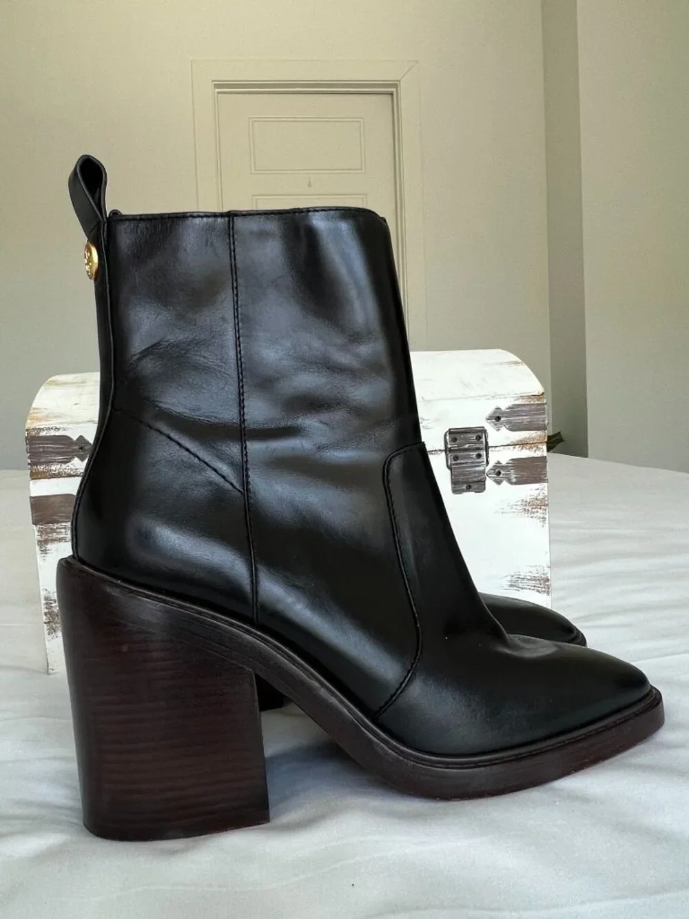 Tory Burch Sierra Black Leather Block Heeled Ankle Boots Womens Size 9.5